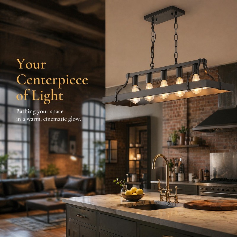34'' Pendant 5 Light LED Black Linear Chandelier for Kitchen Living Room Fixture gallery