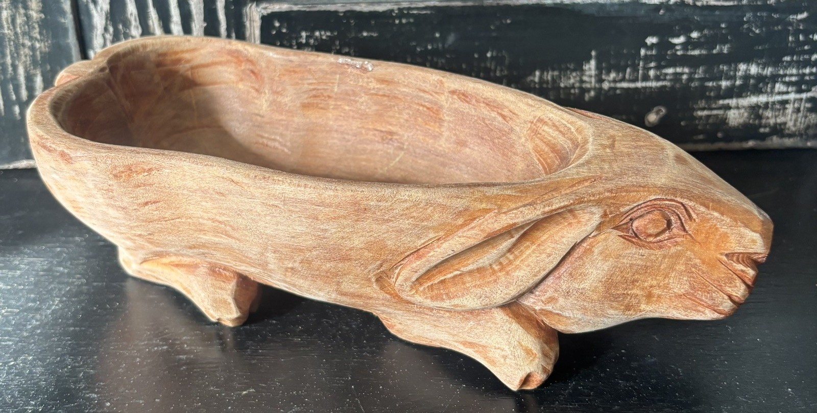 Hand Carved Wooden Treen Ware Rabbit Bowl Farmhouse Cottage gallery