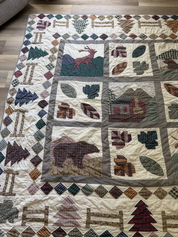 Vintage Patchwork Quilt 81x83” Cabin Deer Trees Plaid Rustic Lodge Bedding gallery