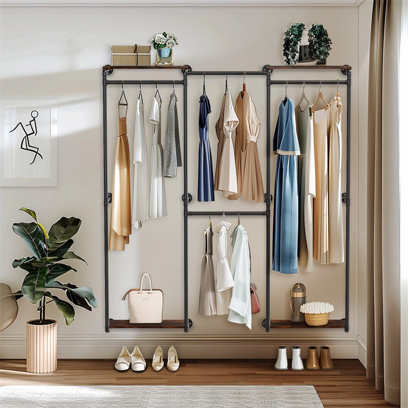 Industrial Pipe Clothing Rack Wall Mounted Clothes Racks Modern Walk In Closet gallery