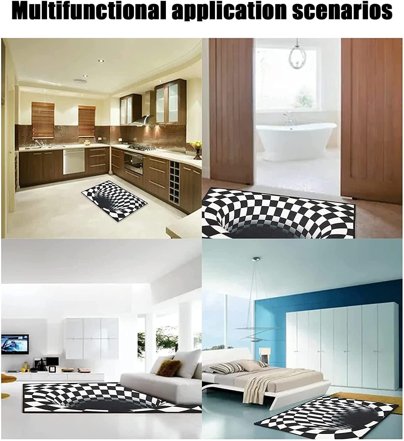 NUYKOUY 3D Visual Optical Floor Mat Black White Plaid Round Rugs Vortex Optic... gallery