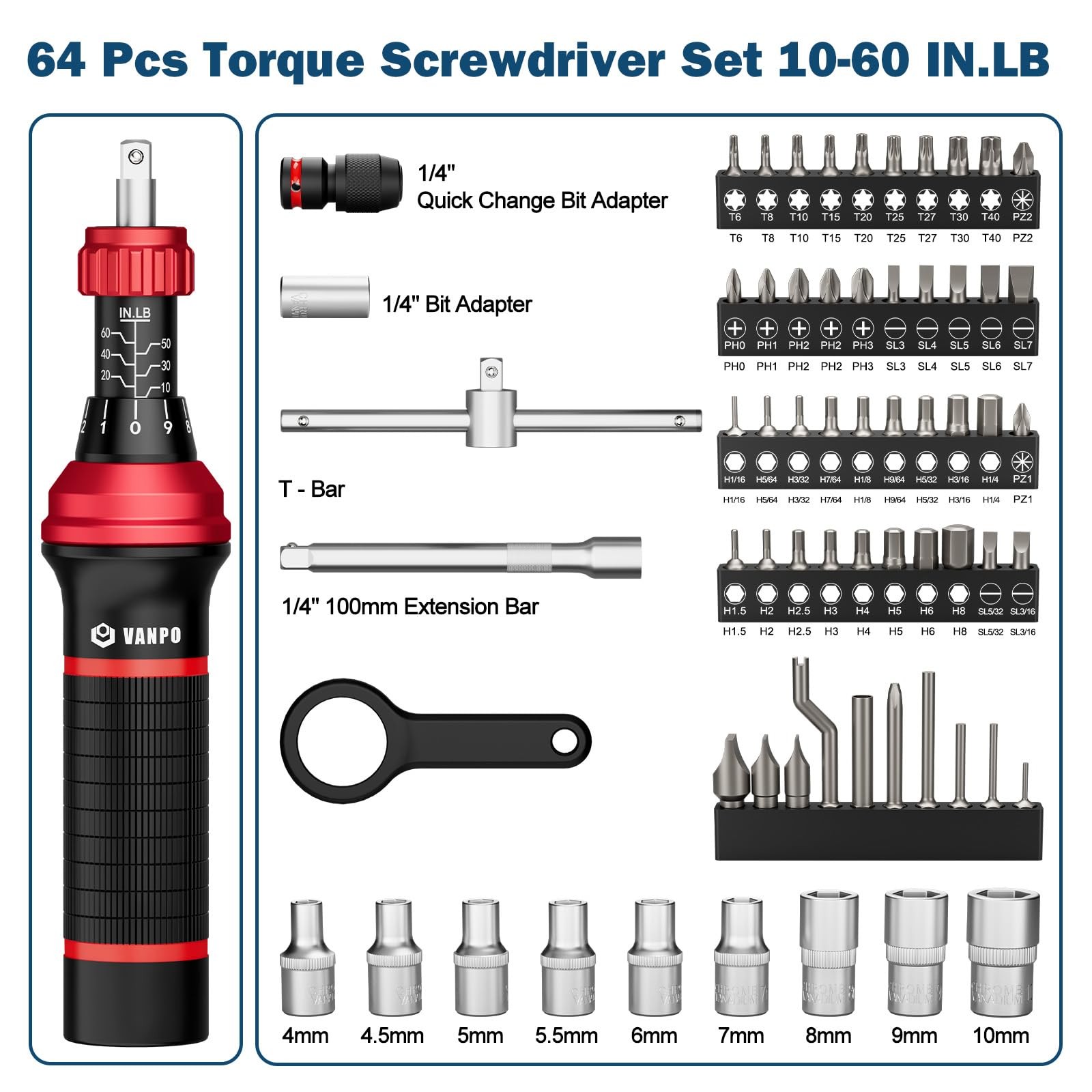 VANPO Torque Screwdriver Set, 10–60 in-lb, 64 Pcs 10-60 in.lb 64 Pcs, Black gallery