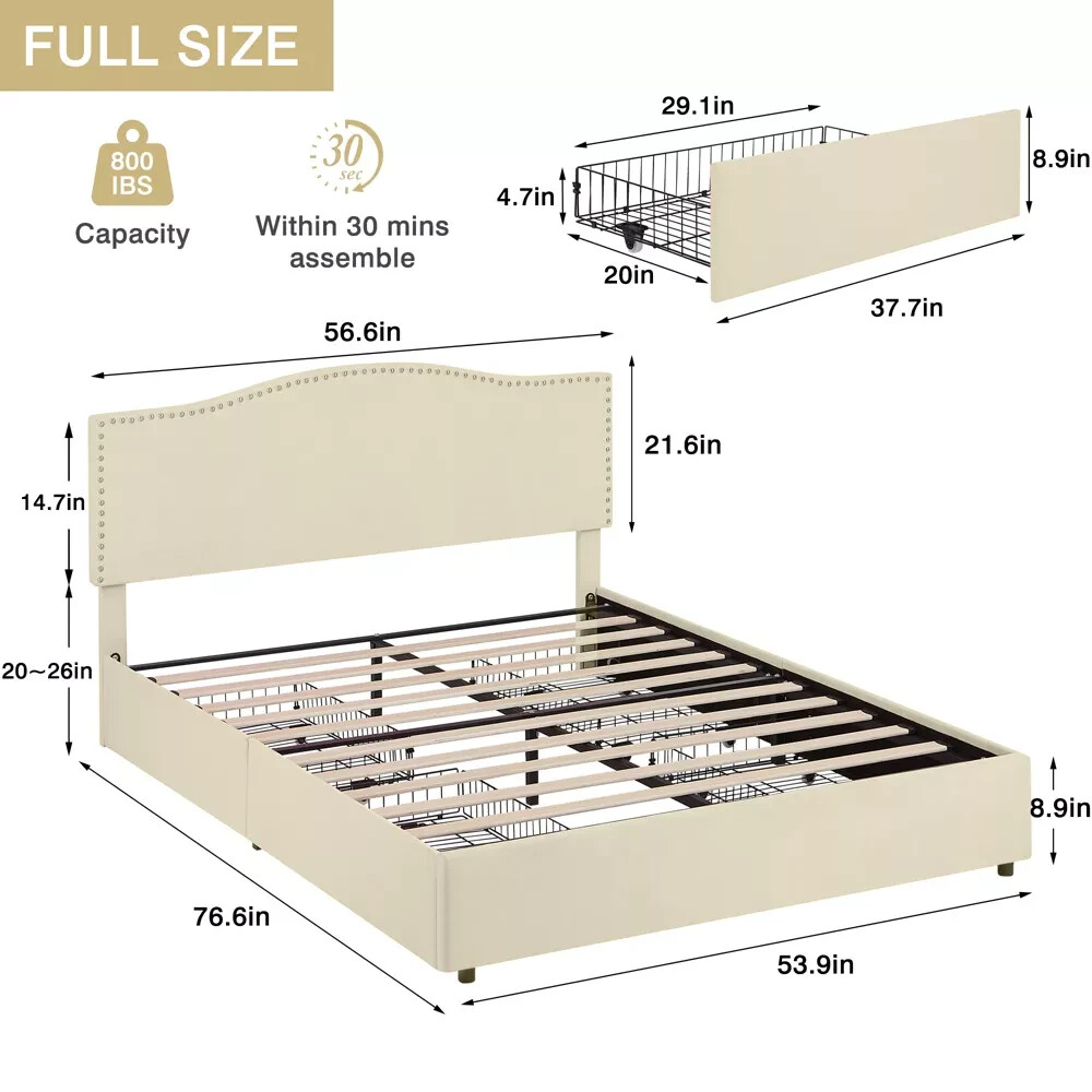Full Queen Size Upholstered Bed Frame with Adjustable Headboard and 4 Drawers gallery