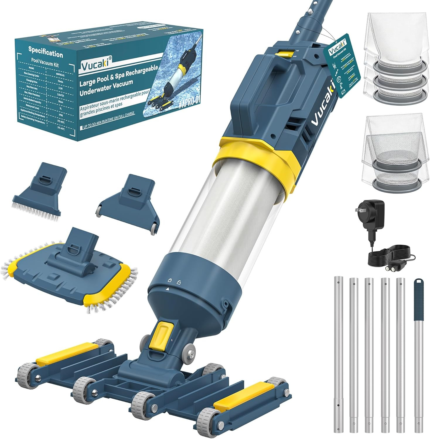 Vucaki 5-In-1 Cordless Pool Vacuum with 14" 8-Wheel Vacuum Head,10.8Ft Telescopi gallery