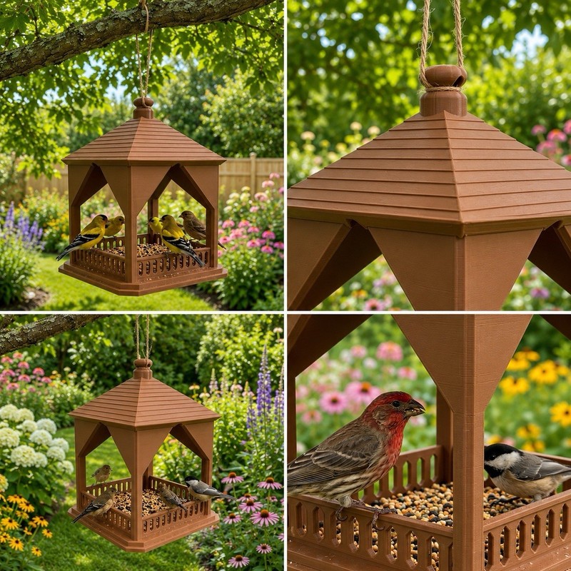 Rustic Hanging Bird Feeder Gazebo Style Outdoor Bird Seed Tray Garden Decor gallery