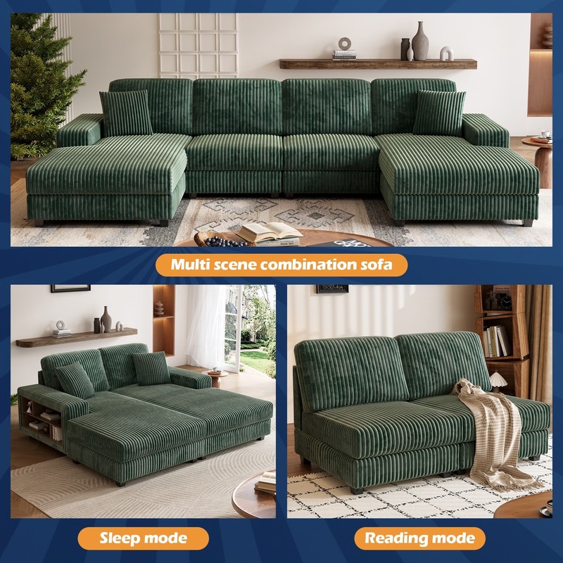 U-Shaped Convertible Sectional Sofa Corduroy Modular Couch With Armrest Storage gallery