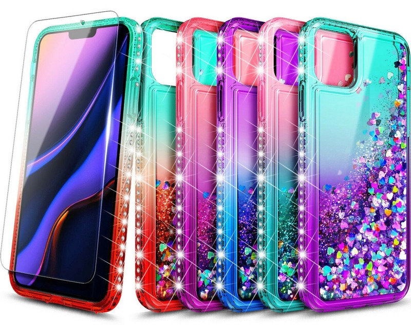 For iPhone 12/Mini/11/Pro Max Case Bling Liquid Glitter Cover + Tempered Glass