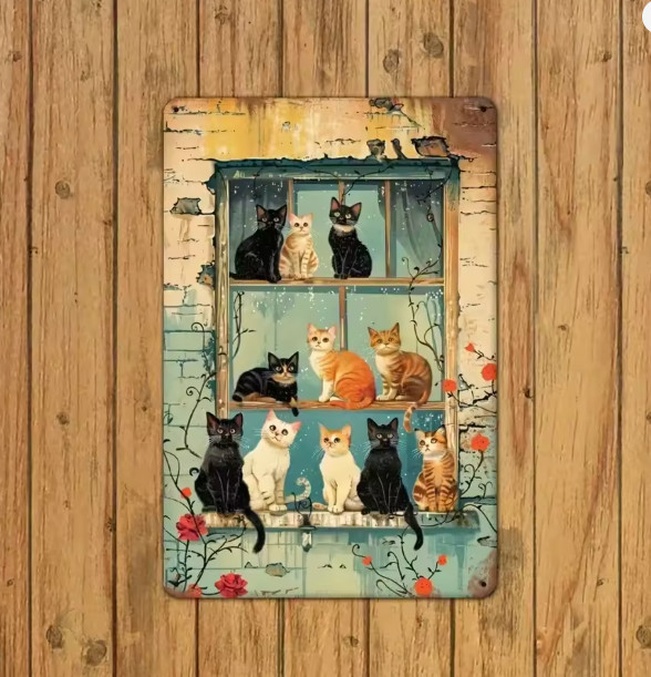 Unique Rustic Vintage Window Cat Summer Spring Metal Wall Sign Art 8x12 gallery