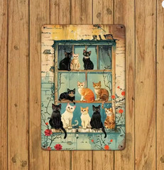 Unique Rustic Vintage Window Cat Summer Spring Metal Wall Sign Art 8×12