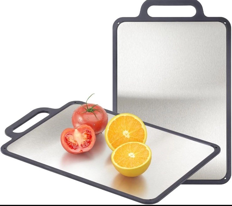 Double-Sided Stainless Steel Cutting Board with Juice Grooves and Grip Handle gallery