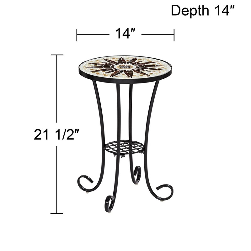 Modern Black Round Outdoor Accent Table 14" Wide Brown Sunburst Mosaic for Porch gallery