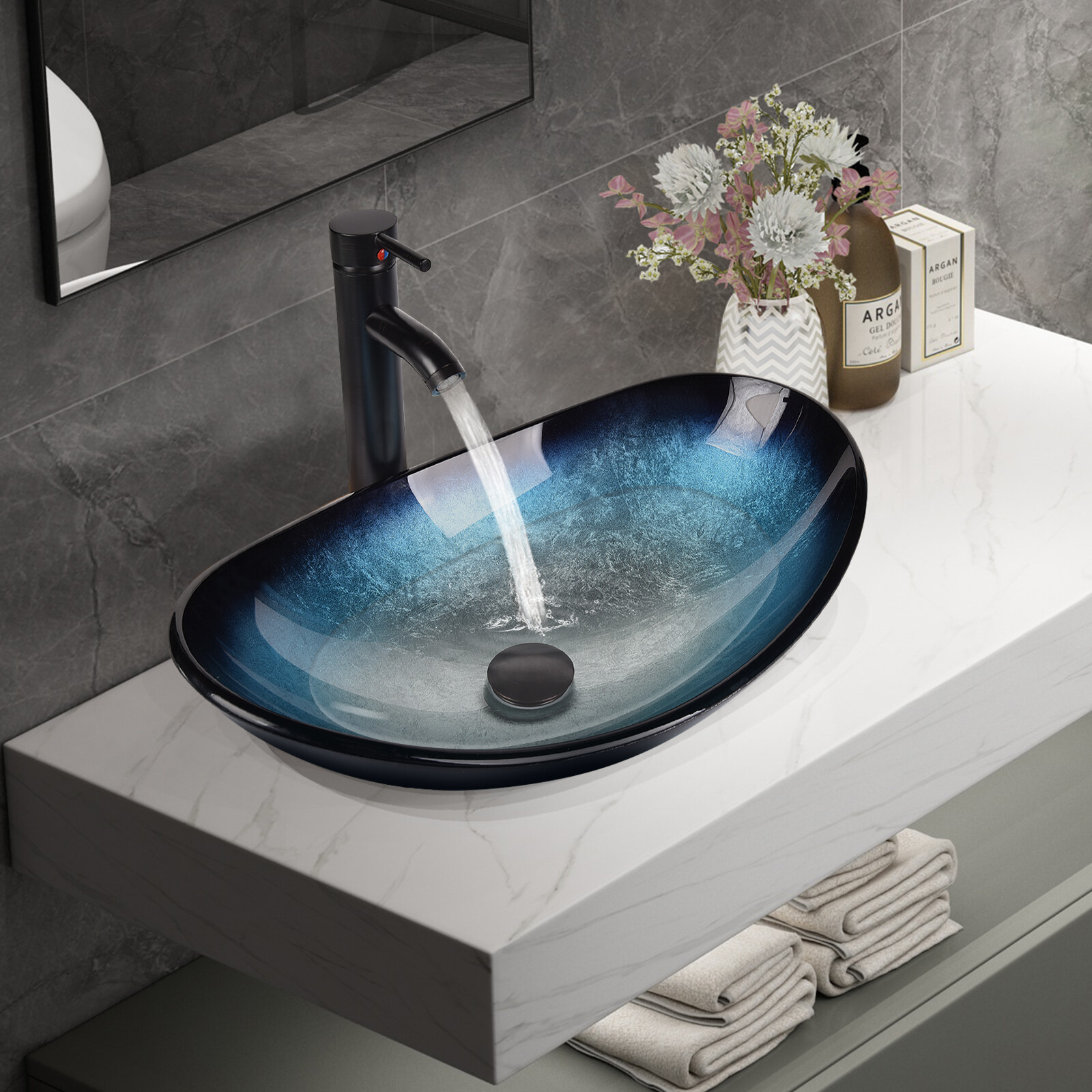 Bathroom Vessel Sink Tempered Glass Basin Bowl ORB Faucet Pop-up Drain Combo Set gallery