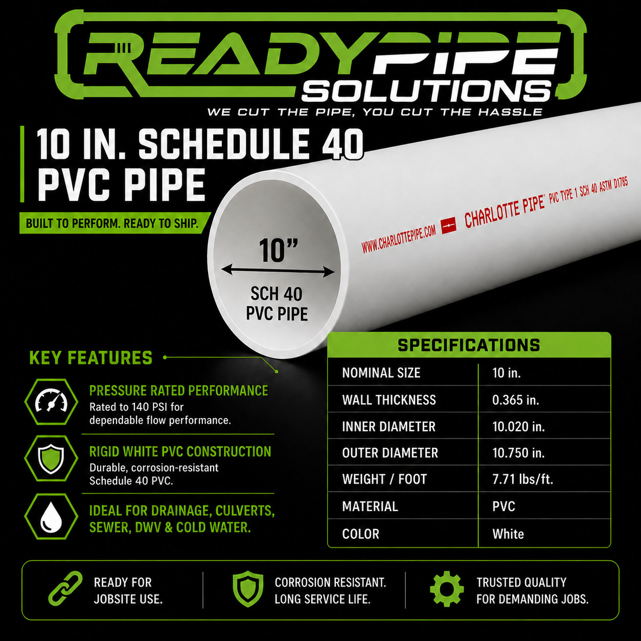 10" PVC Pipe | Schedule 40 | Custom Cut Lengths 12"-96" | Culvert & Plumbing gallery