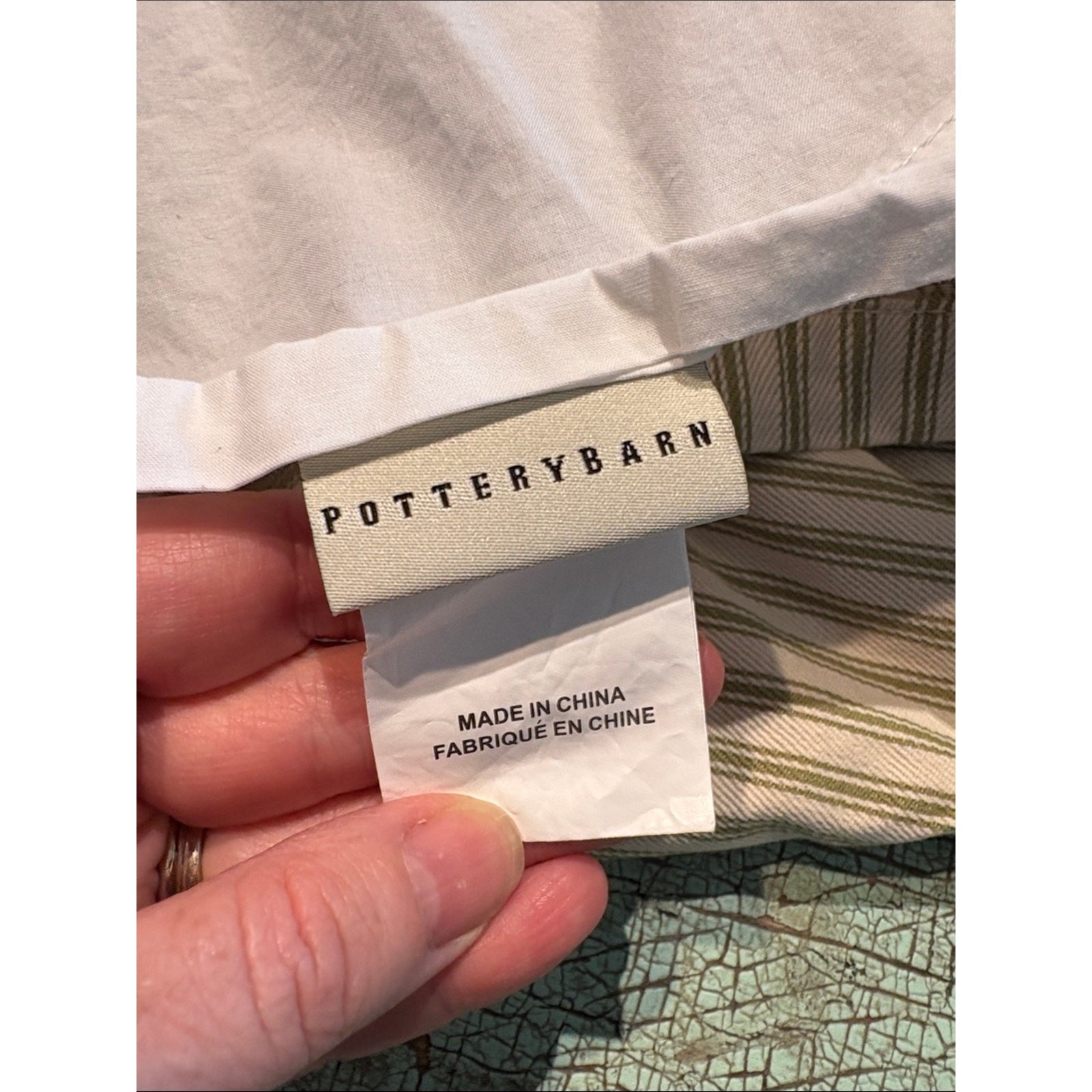 Pottery Barn Queen Bed Skirt Green Ticking Stripe Farmhouse Cotton gallery