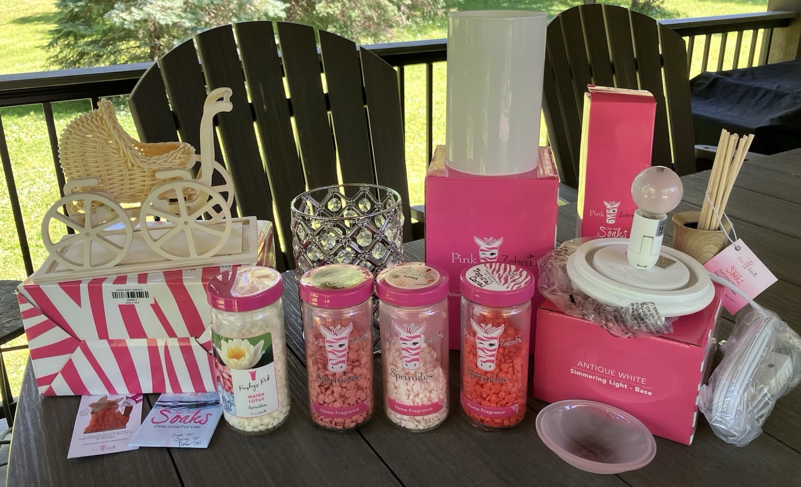 Pink Zebra Lot; Light Base,Dish,Shade,Reeds,Carriage Soak,Used Sprinkle Jars gallery