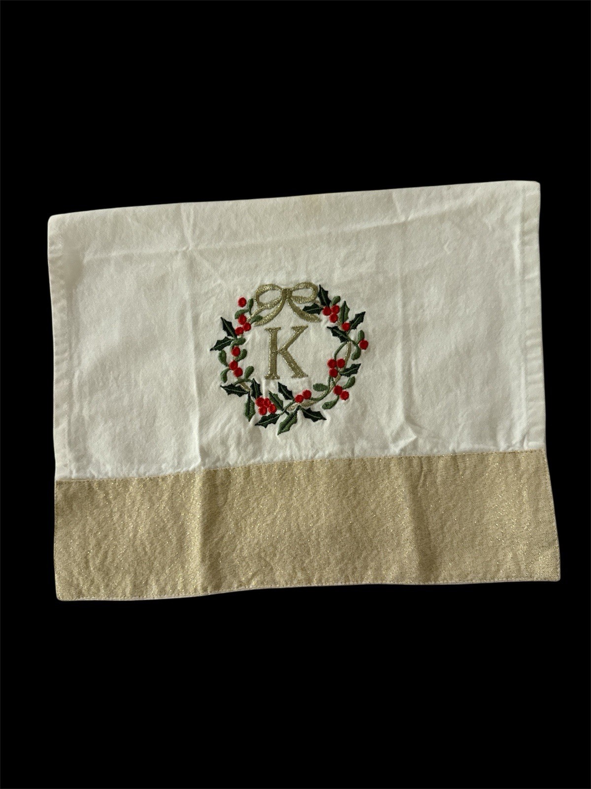 White Gold Kitchen Towel Embroidered “K” Christmas Wreath - gallery