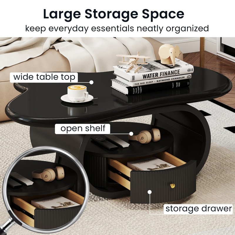 Black 39"Cloud Coffee Table Center Table MDF Metal with Drawer,Shelf Home Office gallery