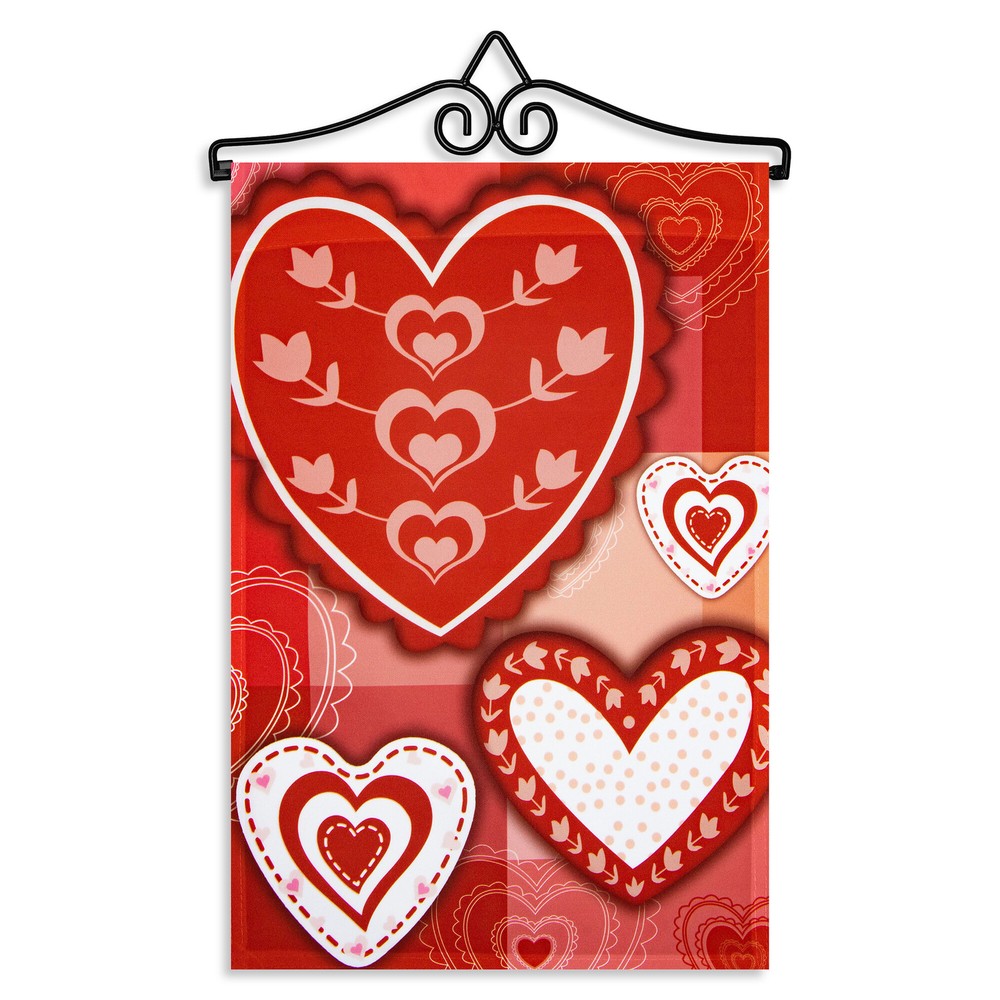 Garden Flag Patchwork Hearts 12x18IN & Hanger 14IN Printed Poly
