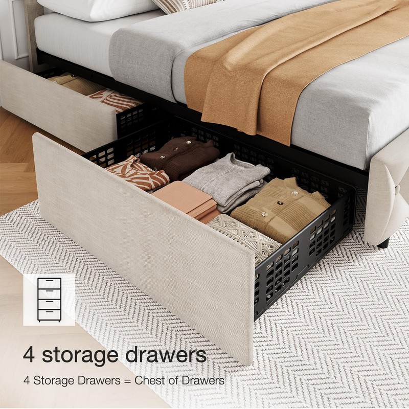 Full Size Bed Frame with 4 Storage Drawers, with Upholstered Platform Bed Frame gallery