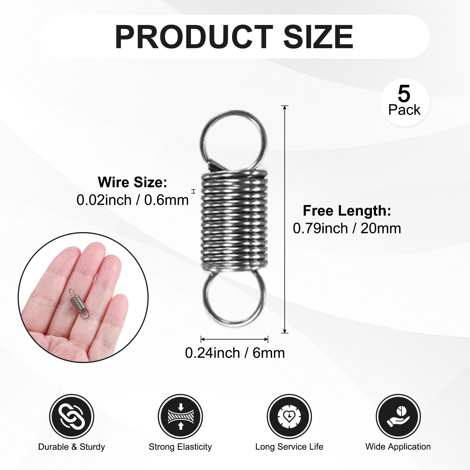5-Pack Extension Springs, 20mm Length 6mm OD [Silver Tone, 0.6mm Wire Size] gallery
