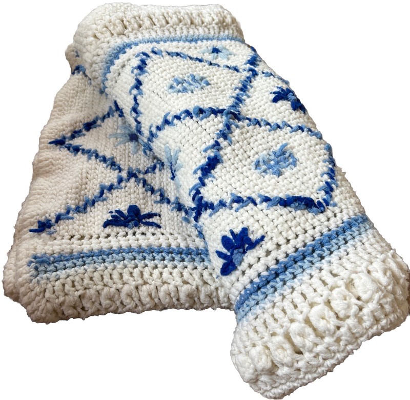 GrannyCore Blanket Throw 41 x 49” White Blues Flowers Baby Crochet Knit Diamonds gallery