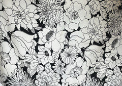 Round 70″ Mod Tablecloth Black White Monochrome Floral w/ Fringed Trim Handmade