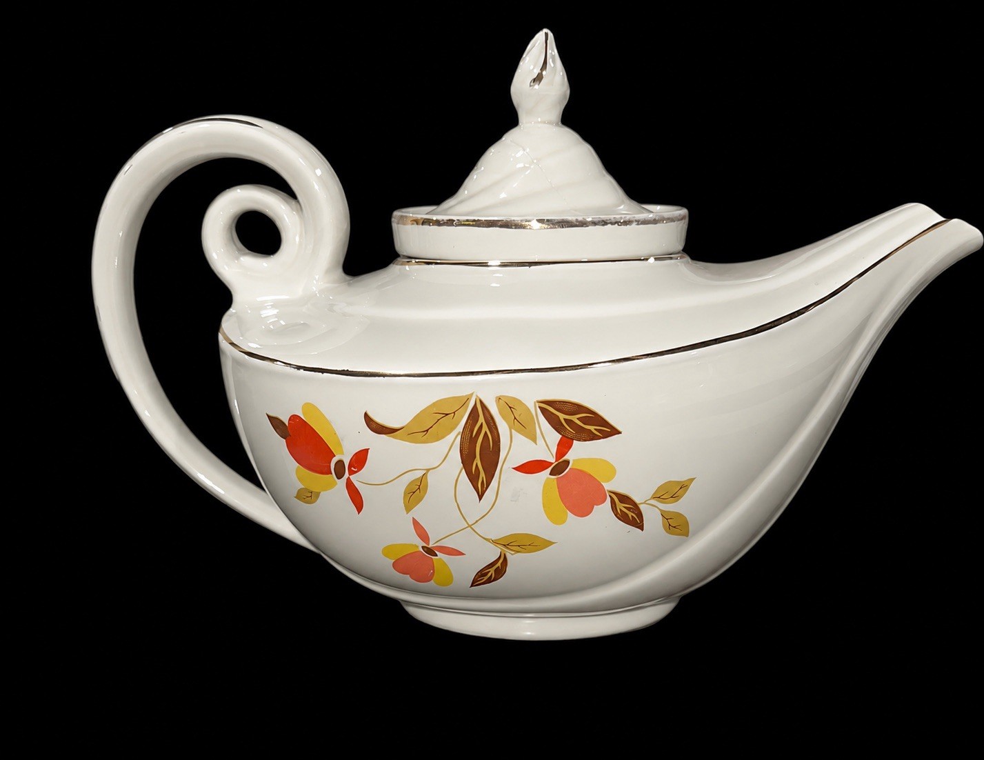 Hall Autumn Leaf Aladdin Teapot 6 Cup Ceramic Glossy w/ Lid White Gold gallery