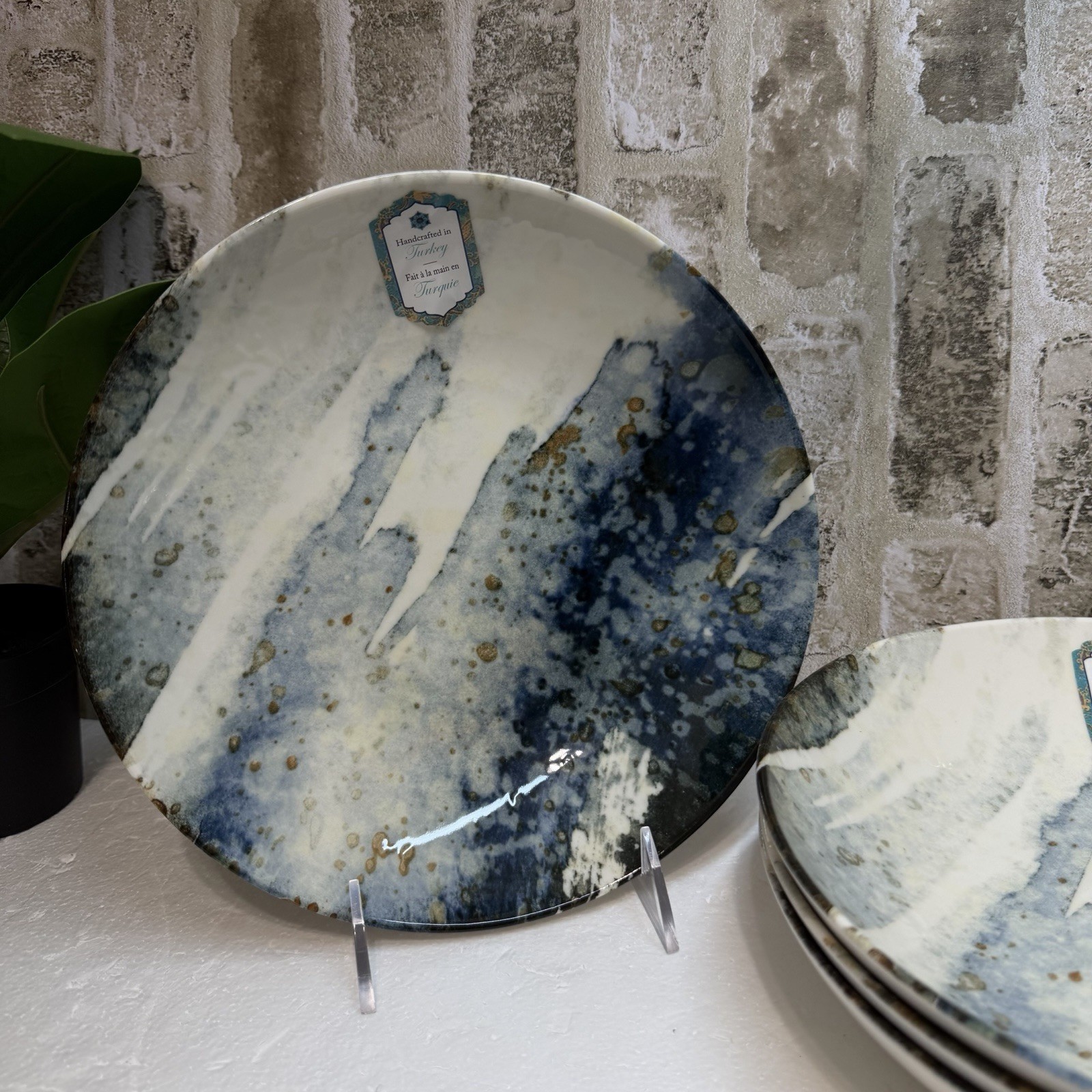 🔥 4 Intesa Home IHM4 9¼" Pasta Soup Dinner Bowls Grey Blue Gold Marble Pristine gallery