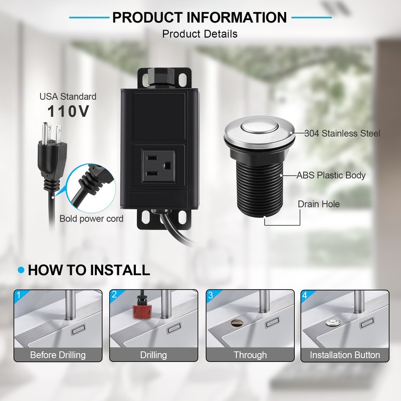 Garbage Disposal Air Switch Kit with Power Cord Kit Stainless Steel 2.5" Button gallery