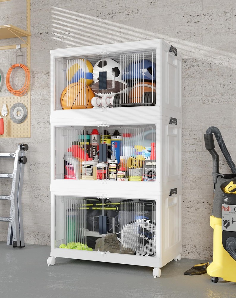 97QT Stackable Lockable Storage Bins with Lids - Folding Cabinet with Doors &...