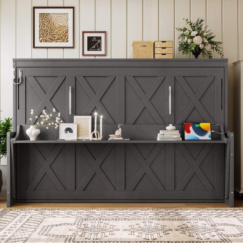 Full Size Murphy Bed with Foldable Desk Hydraulic Lift Wall Bed Dark Gray 83x59x gallery