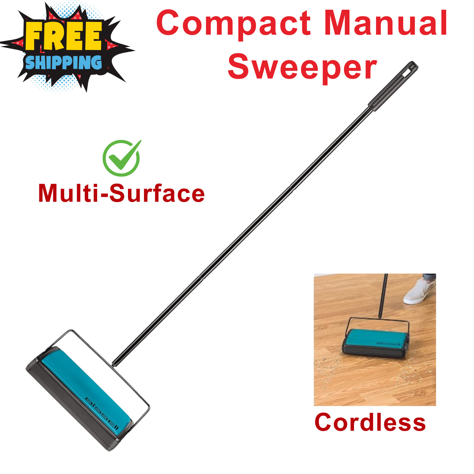 Easy Sweep Compact Carpet & Floor Sweeper, Manual Operation, Teal, 2484A gallery