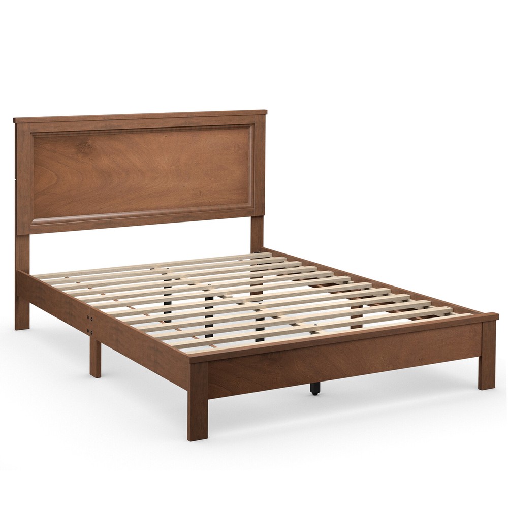 Queen Size Bed Frame Platform Slat High Headboard Bedroom Rubber Wood Leg Walnut