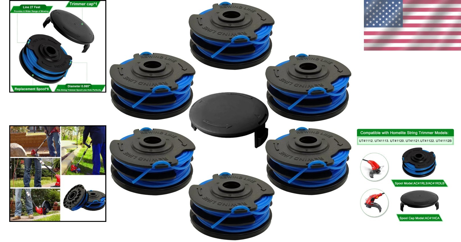 Durable 27ft Electric String Trimmer Spools & Cap Set - Fits Homelite Models gallery