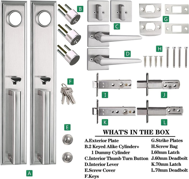 Front Door Handle Satin Nickel Double Door Lock Set, Entrance Handle Set gallery