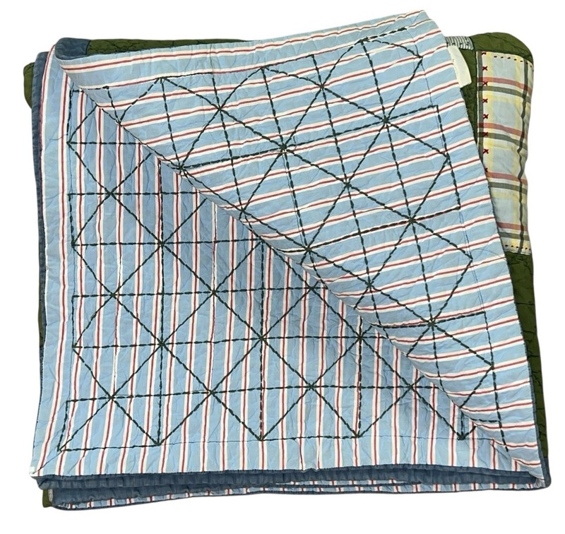 Pottery Barn Green Yellow Red Patchwork Comforter Quilt Full 82 x82” Reversible gallery