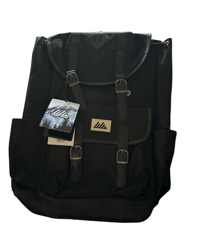 NWT Black Padded Drawstring Buckles Snap Backpack with Vinyl Trim Summit Ridge.