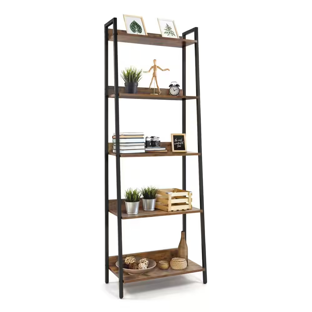 67 In. Rustic Oak Bookcase Shelf Organizer, 24 In. W 5 Tier Ladder Bookshelf for gallery
