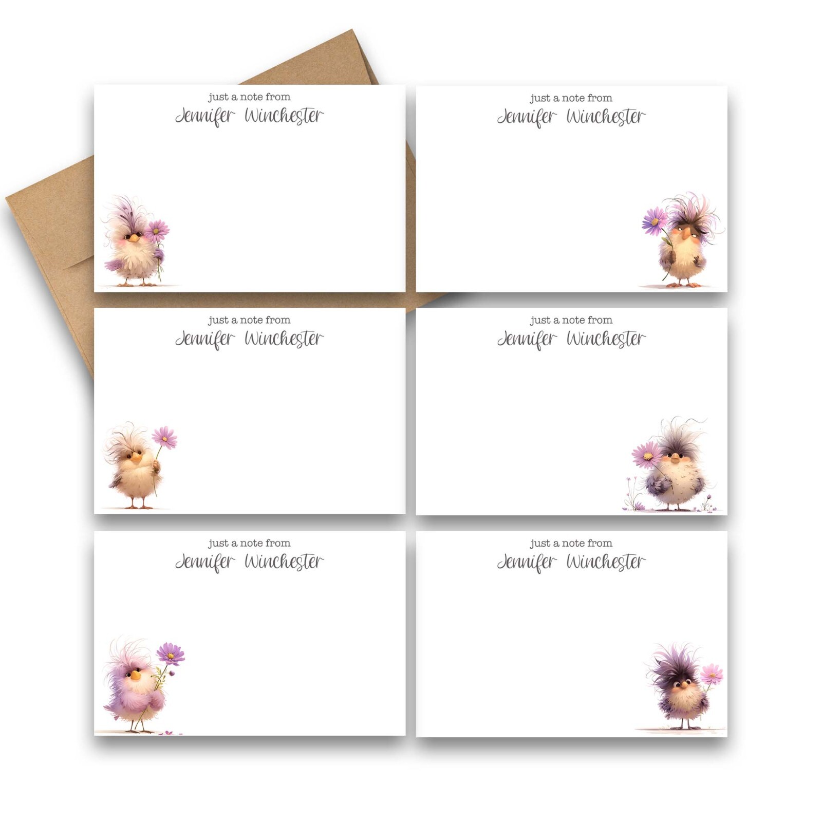 12 PERSONALIZED Flat Note card Cute Stationery with Envelopes - Adorable Birds gallery