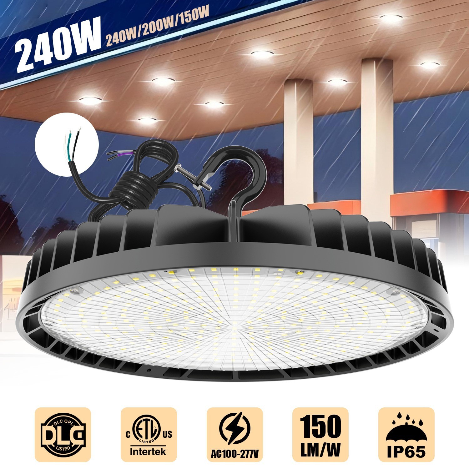 240W/200W/150W UFO LED High Bay Lighting 100-277V Dimmable 0-10V IP65 Waterproof gallery