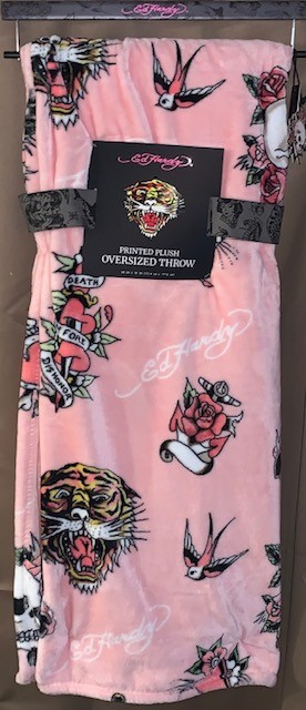 Ed Hardy Oversized Plush Throw Blanket Pink w/Tigers,Hearts,Skulls Tattoo Print gallery