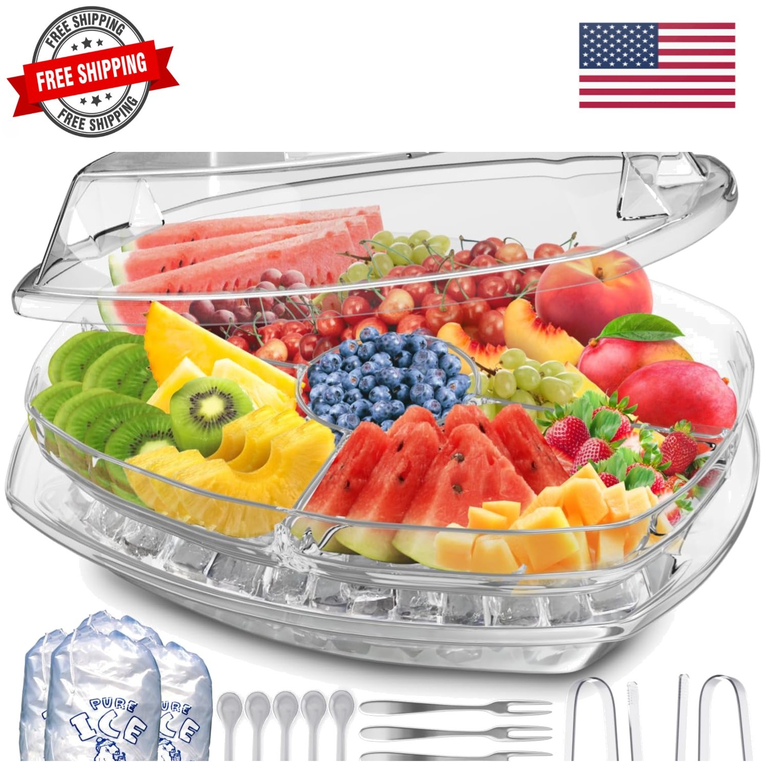 Chilled Serving Tray for Parties - 15" Ice Chilled Party Platter w/Lid & Dip ... gallery