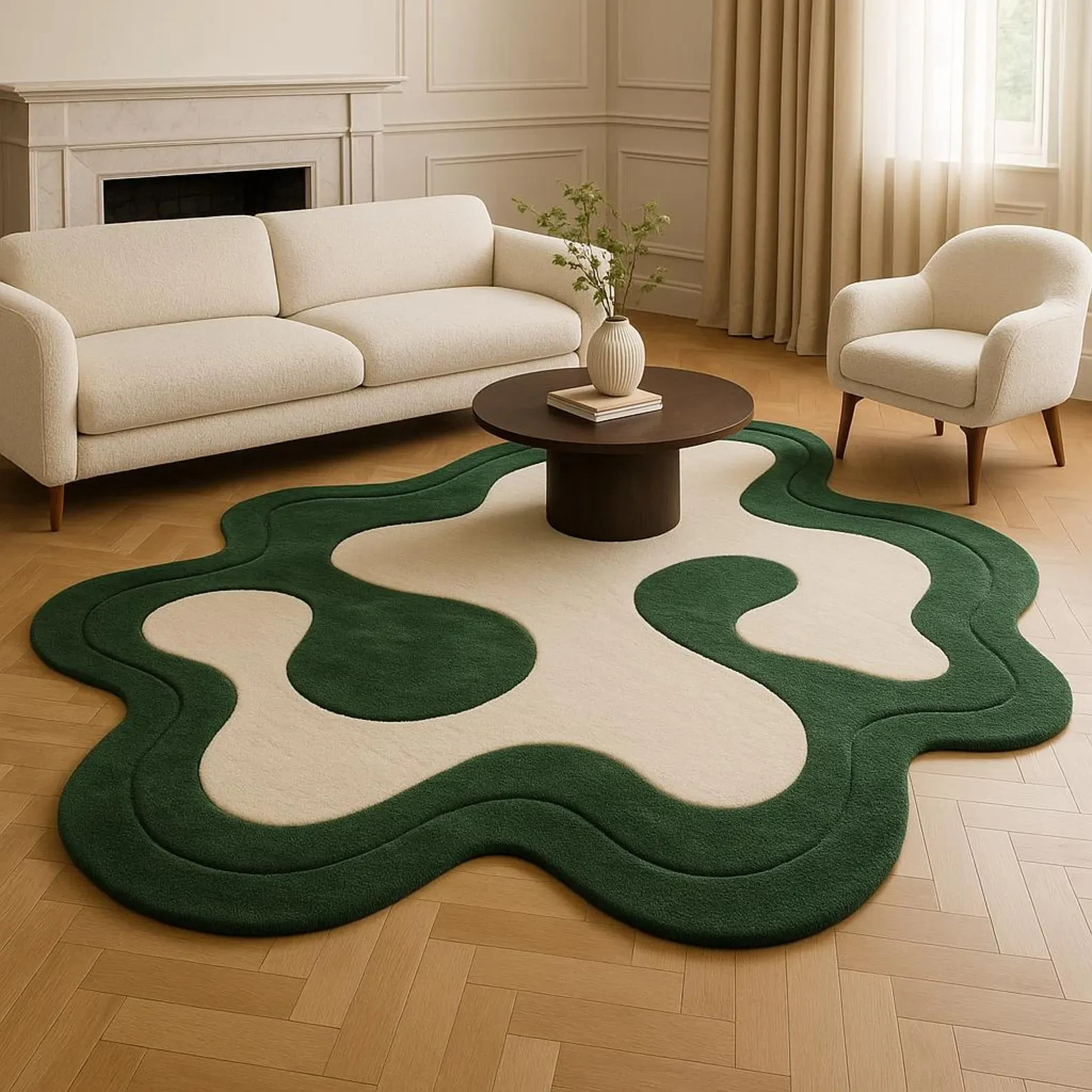 Luxury Hand Tufted Irregular Shape Wool Rug – Green & Cream Modern Abstract Carp gallery
