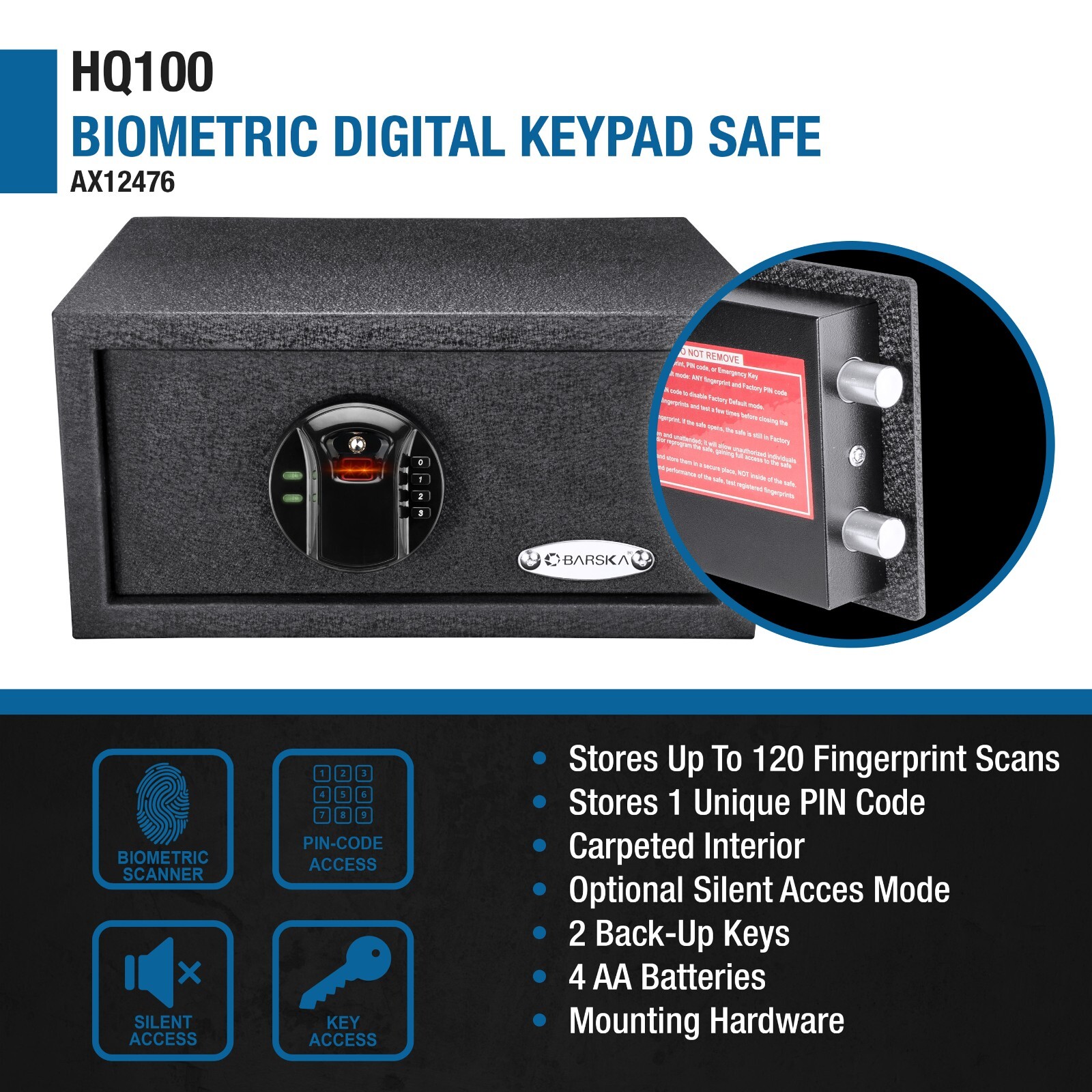 Barska HQ100 Biometric Fingerprint Keypad Deadbolt Safe Battery included AX12476 gallery