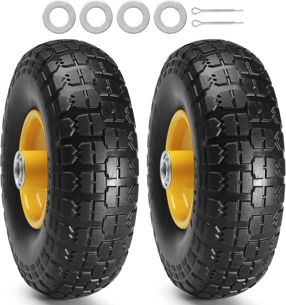 (2-Pack) 10-Inch Solid Rubber Tires and Wheels, 4.10/3.50-4" Flat Free Tubeless
