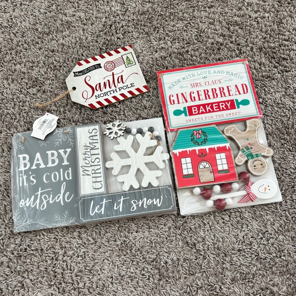 Holiday Time Christmas Decor Bundle Gingerbread Bakery Santa Tag Snowflake Signs