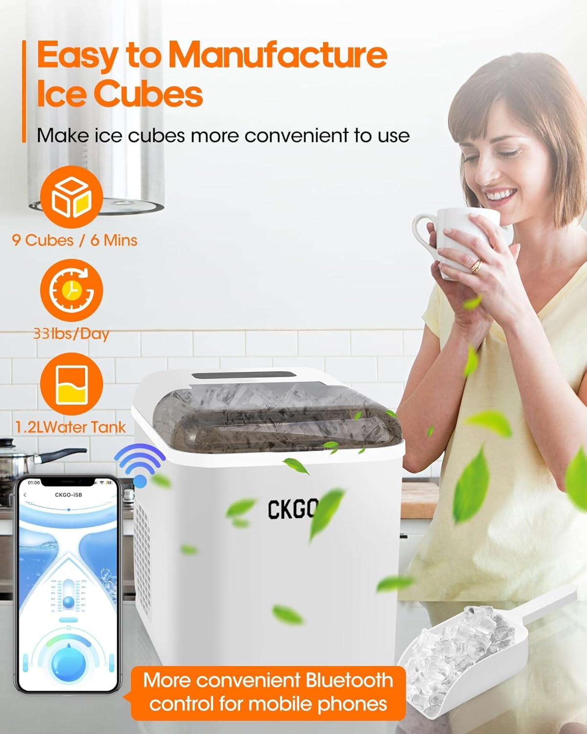 Smart Ice Maker Countertop, 33 Lbs per Day 9 Cubes in 6 Mins, Self-Cleaning Comp gallery