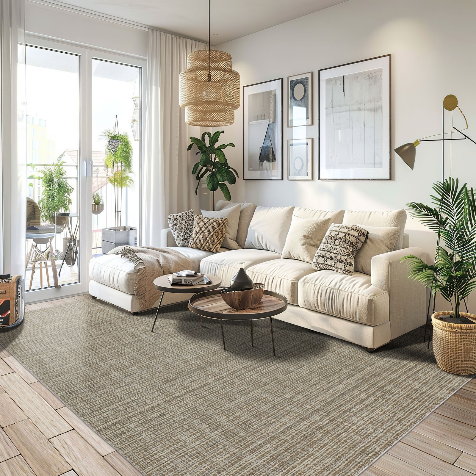 8x10 Hand Loomed Wool & Jute Tan Ivory Textured/ Grid Loop N Cut Pile Area Rug gallery