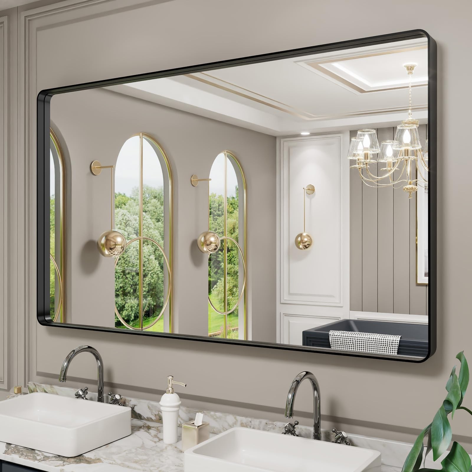 Mirror 60 L x 36 W Rounded Rectangle Black Metal Frame LOAAO Bathroom Framed gallery