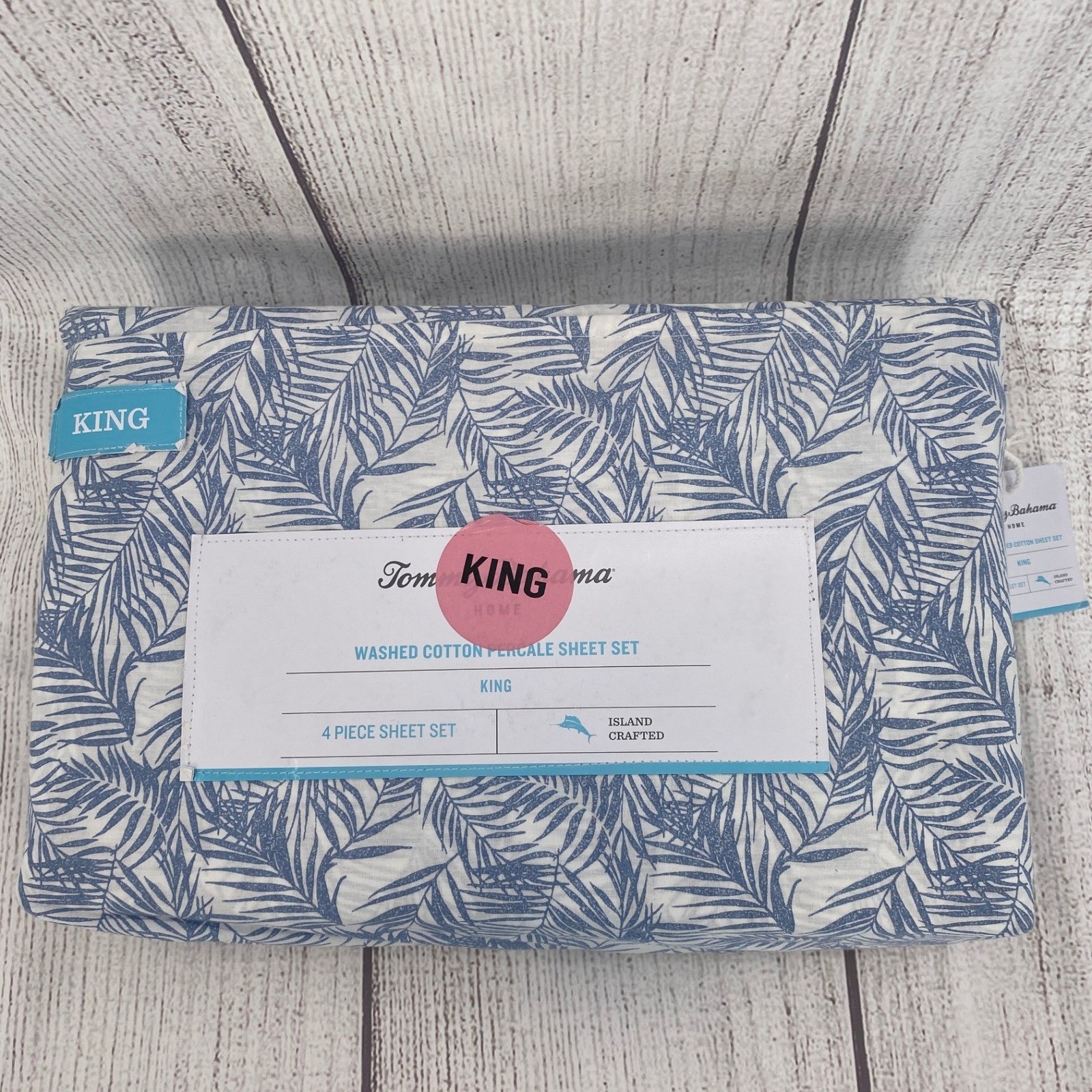 Tommy Bahama Sheet Set KING Blue Washed 100% Cotton Percale Tropical Palm Leaf gallery